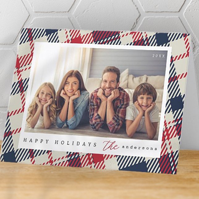 Modern Plaid Pattern Christmas Custom Family Photo Holiday Card (Creator Uploaded)