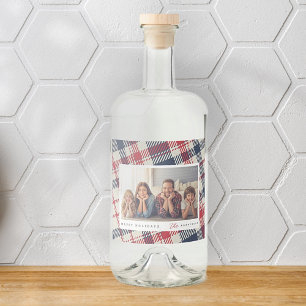 Modern Plaid Pattern Christmas Custom Family Photo Liquor Bottle Label