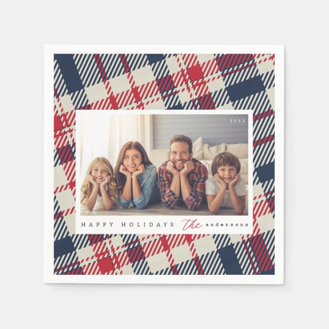 Modern Plaid Pattern Christmas Custom Family Photo Napkins (Front)