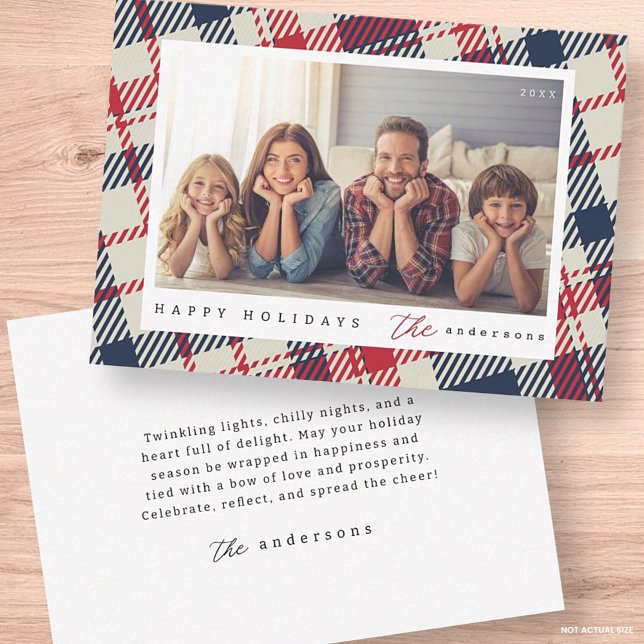 Modern Plaid Pattern Christmas Custom Family Photo Note Card (Creator Uploaded)