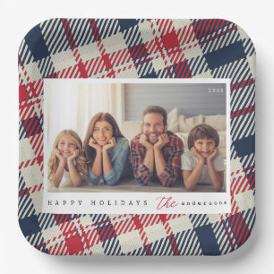 Modern Plaid Pattern Christmas Custom Family Photo Paper Plates