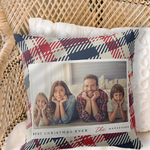 Modern Plaid Pattern Christmas Custom Family Photo Throw Pillow