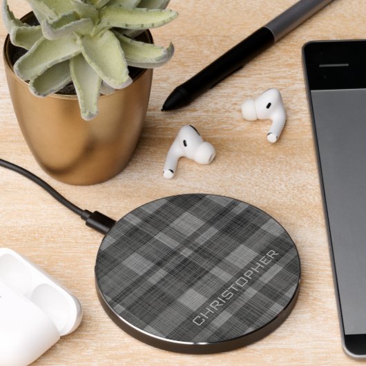 Modern Plaid Pattern with Custom Name Black Grey Wireless Charger (Desk 2)