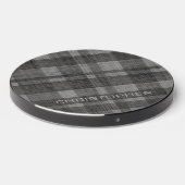 Modern Plaid Pattern with Custom Name Black Grey Wireless Charger (Front 2)