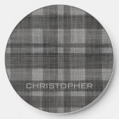 Modern Plaid Pattern with Custom Name Black Grey Wireless Charger (Front)
