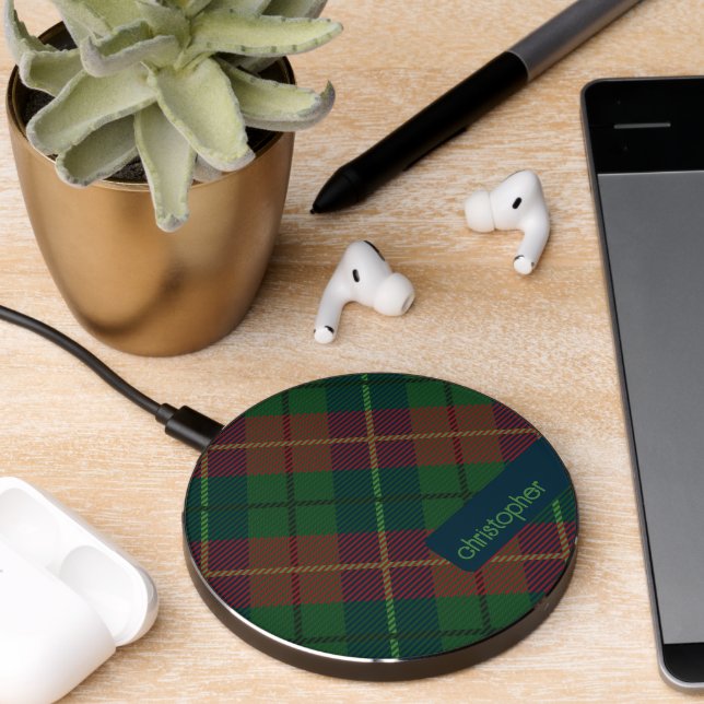 Modern Plaid Pattern with Custom Name Wireless Charger (Desk 2)