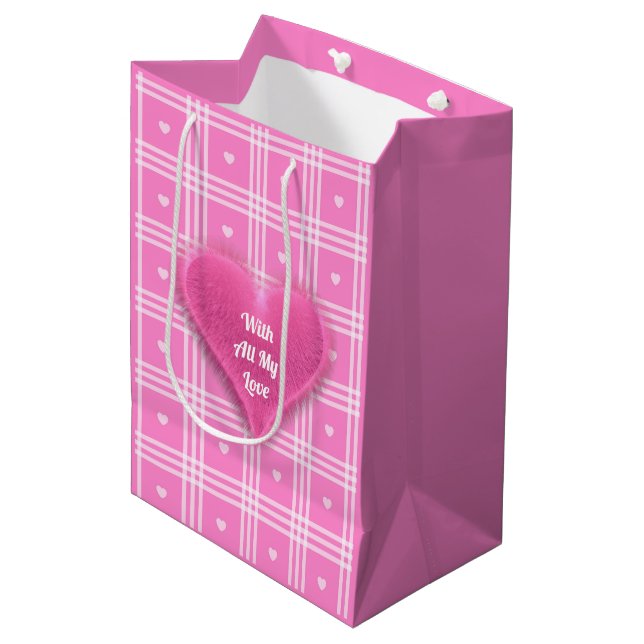 Modern Plaid Pink Heart Collection Medium Gift Bag (Front Angled)