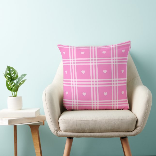Modern Plaid Pink Heart Collection Throw Pillow (Chair)
