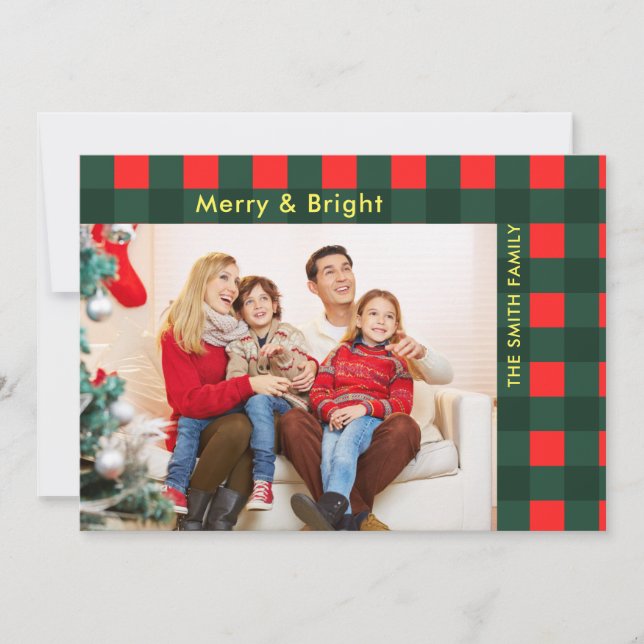 Modern Plaid Red Green Christmas Photo Holiday Card (Front)