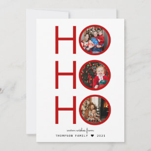 Modern Plaid Red Ho Ho Ho 3 Photo Holiday Card