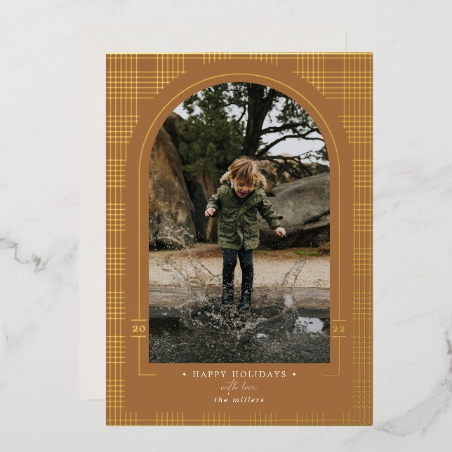 Modern Plaid Rust Terracotta Gold Foil Holiday Card (Front/Back)