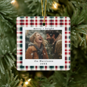 Modern Plaid Rustic Monogram Photo Christmas Ceramic Ornament
