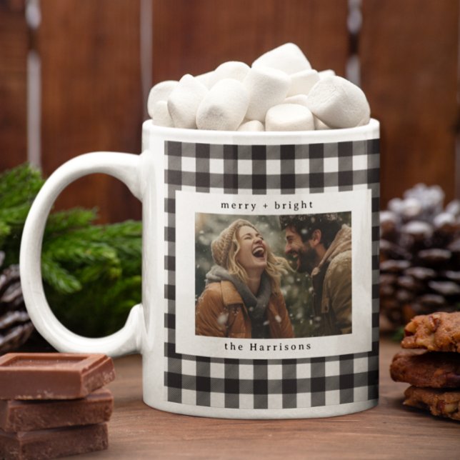Modern Plaid Rustic Monogram Photo Christmas Coffee Mug (Creator Uploaded)