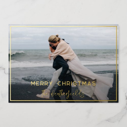 Modern Plaid Rustic Newlyweds Photo Gold Foil Holiday Card