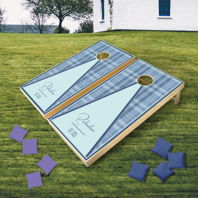Modern Plaid Sky Blue Triangle Cornhole Set (Creator Uploaded)