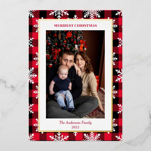  Modern Plaid Snowflake Border Christmas Photo Foil Holiday Card (Front)