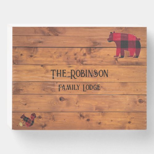 Modern Plaid Squirrel and Bear Wood Design Wooden Box Sign