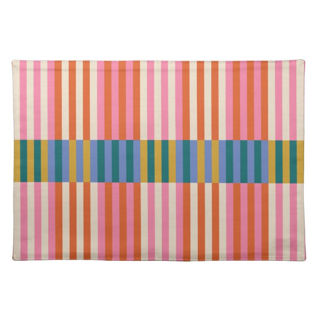 Modern Plaid Striped Orange, Pink, Blue, Green Cloth Placemat (Front)