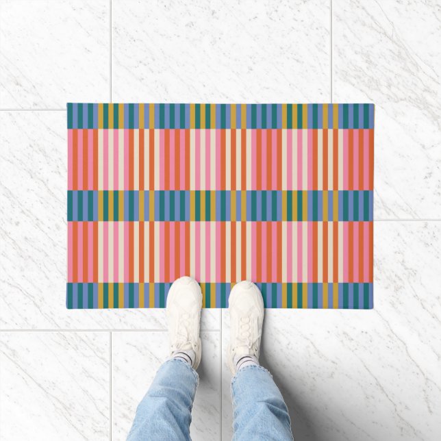 Modern Plaid Striped Orange, Pink, Blue, Green Doormat (Indoor)