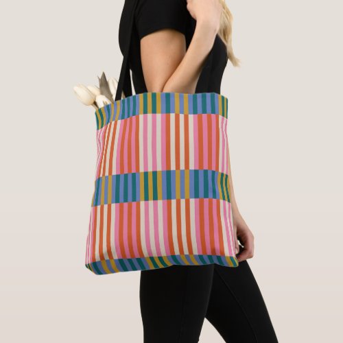 Modern Plaid Striped Orange Pink Blue Green Tote Bag