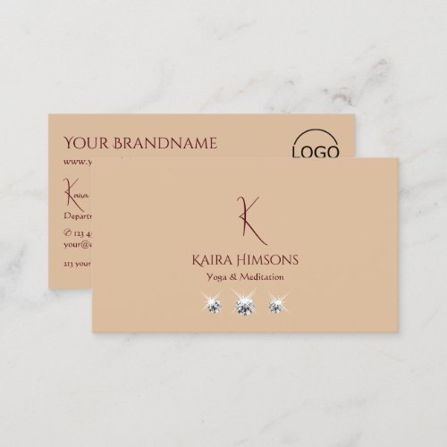 Modern Plain Beige with Monogram Logo and Jewels Business Card