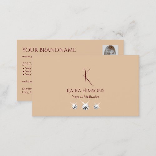 Modern Plain Beige with Monogram Photo and Jewels Business Card