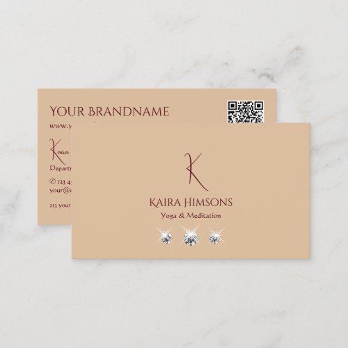 Modern Plain Beige with Monogram QRCode and Jewels Business Card