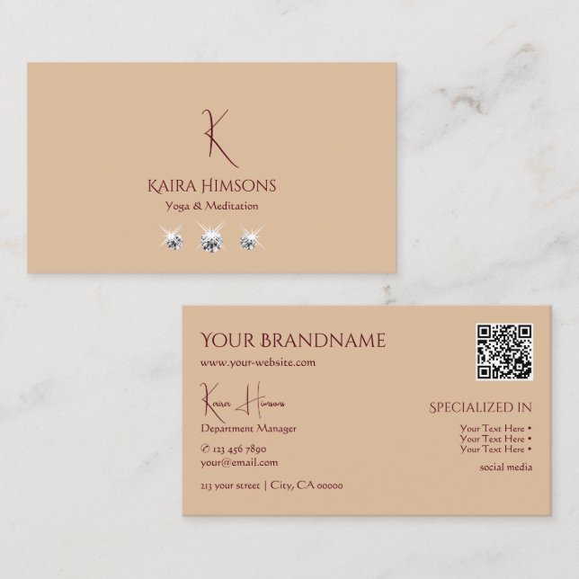 Modern Plain Beige with Monogram QRCode and Jewels Business Card (Front/Back)