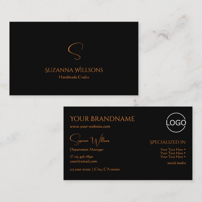 Modern Plain Black Orange with Monogram and Logo Business Card (Front/Back)