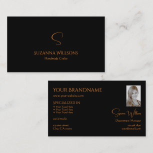 Modern Plain Black Orange with Monogram and Photo Business Card