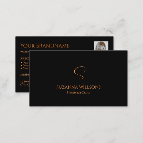 Modern Plain Black Orange with Monogram and Photo Business Card