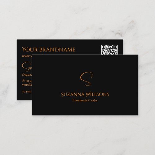 Modern Plain Black Orange with Monogram QR_Code Business Card