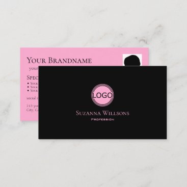 Modern Plain Black Pink with Logo and Photo Chic Business Card