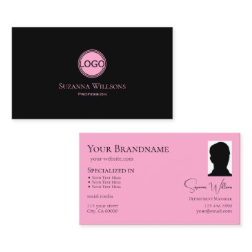 Modern Plain Black Pink with Logo and Photo Chic Business Card Modern Plain Black Pink with Logo and Photo Chic Business Card