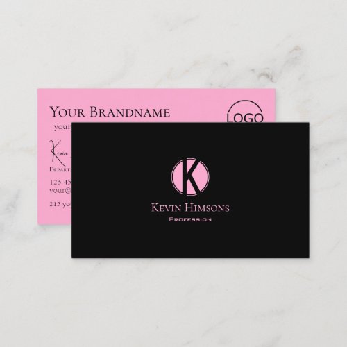 Modern Plain Black Pink with Monogram and Logo Business Card