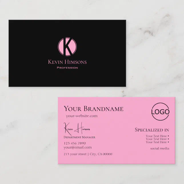 Modern Plain Black Pink with Monogram and Logo Business Card | Zazzle
