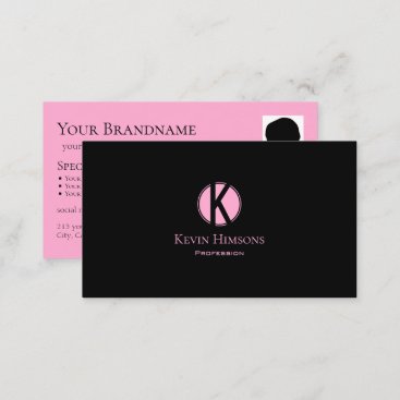 Modern Plain Black Pink with Monogram and Photo Business Card