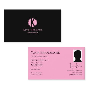 Modern Plain Black Pink with Monogram and Photo Business Card Modern Plain Black Pink with Monogram and Photo Business Card