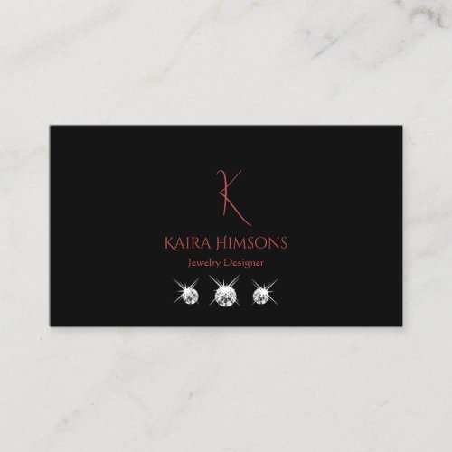 Modern Plain Black with Monogram and Diamonds Business Card