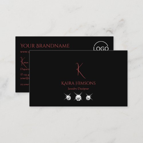 Modern Plain Black with Monogram Logo and Diamonds Business Card