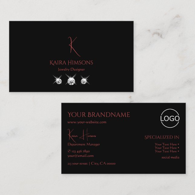 Modern Plain Black with Monogram Logo and Diamonds Business Card (Front/Back)