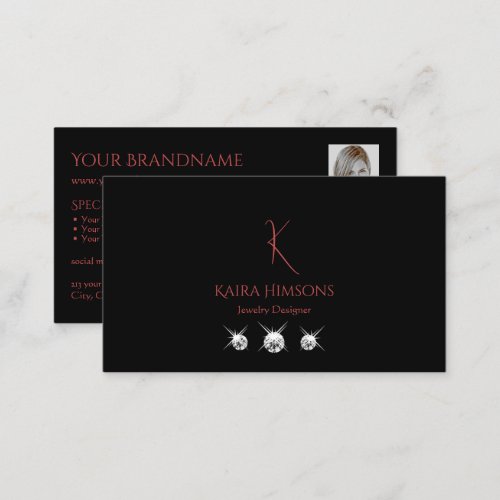 Modern Plain Black with Monogram Photo  Diamonds Business Card