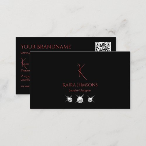 Modern Plain Black with Monogram QRCode  Diamonds Business Card