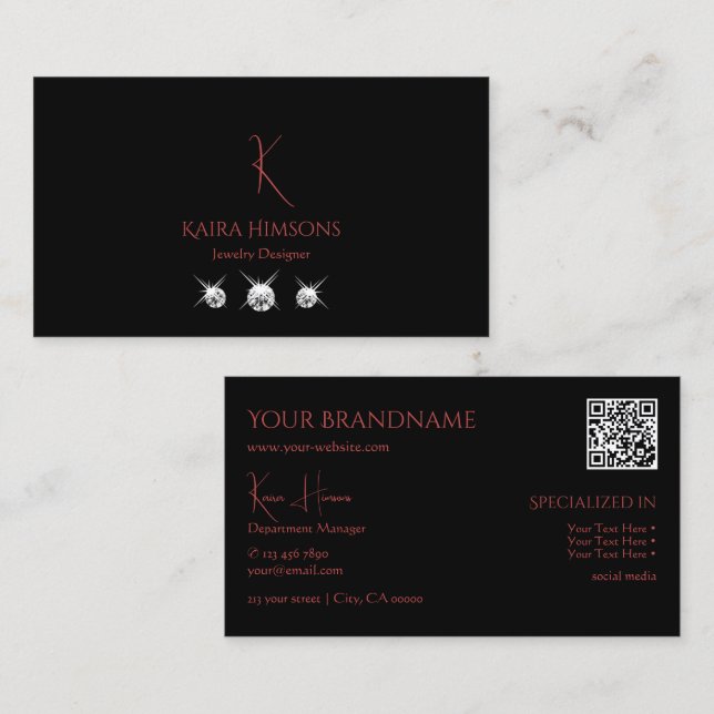 Modern Plain Black with Monogram QRCode & Diamonds Business Card (Front/Back)