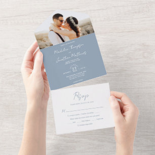 Modern Plain Dusty Blue Photo Rsvp Wedding All In One Invitation