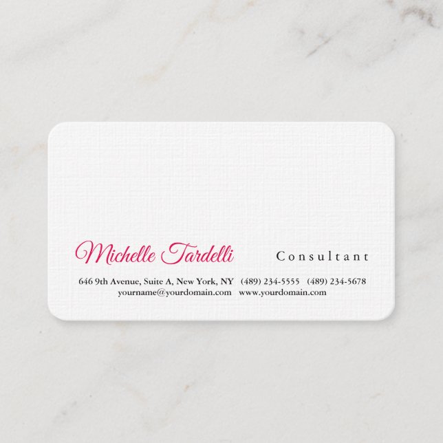 Modern Plain Elegant Minimalist Pink Red White Business Card (Front)