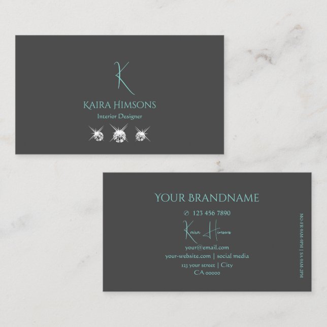 Modern Plain Gray Teal with Monogram and Jewels Business Card (Front/Back)