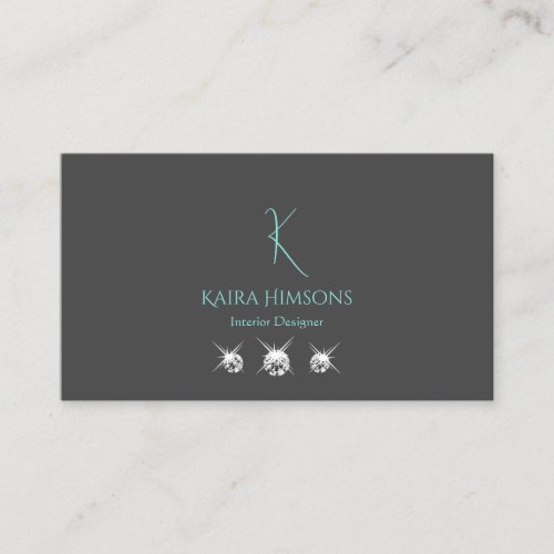 Modern Plain Gray Teal with Monogram and Jewels Business Card