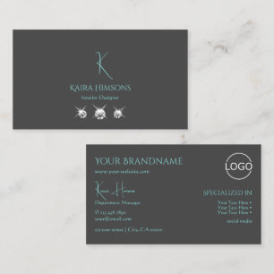 Modern Plain Gray with Monogram Logo and Jewels Business Card