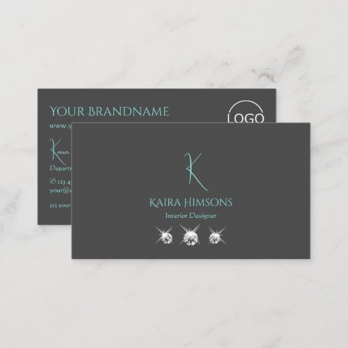 Modern Plain Gray with Monogram Logo and Jewels Business Card
